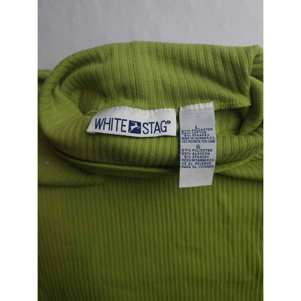 White Stag Lime Green Ribbed Turtleneck Long Sleeve Top Large Rib Knit Womens